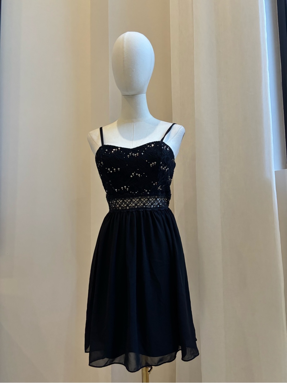 BCX Black Sequin & Lace Waist Spaghetti Strap Dress